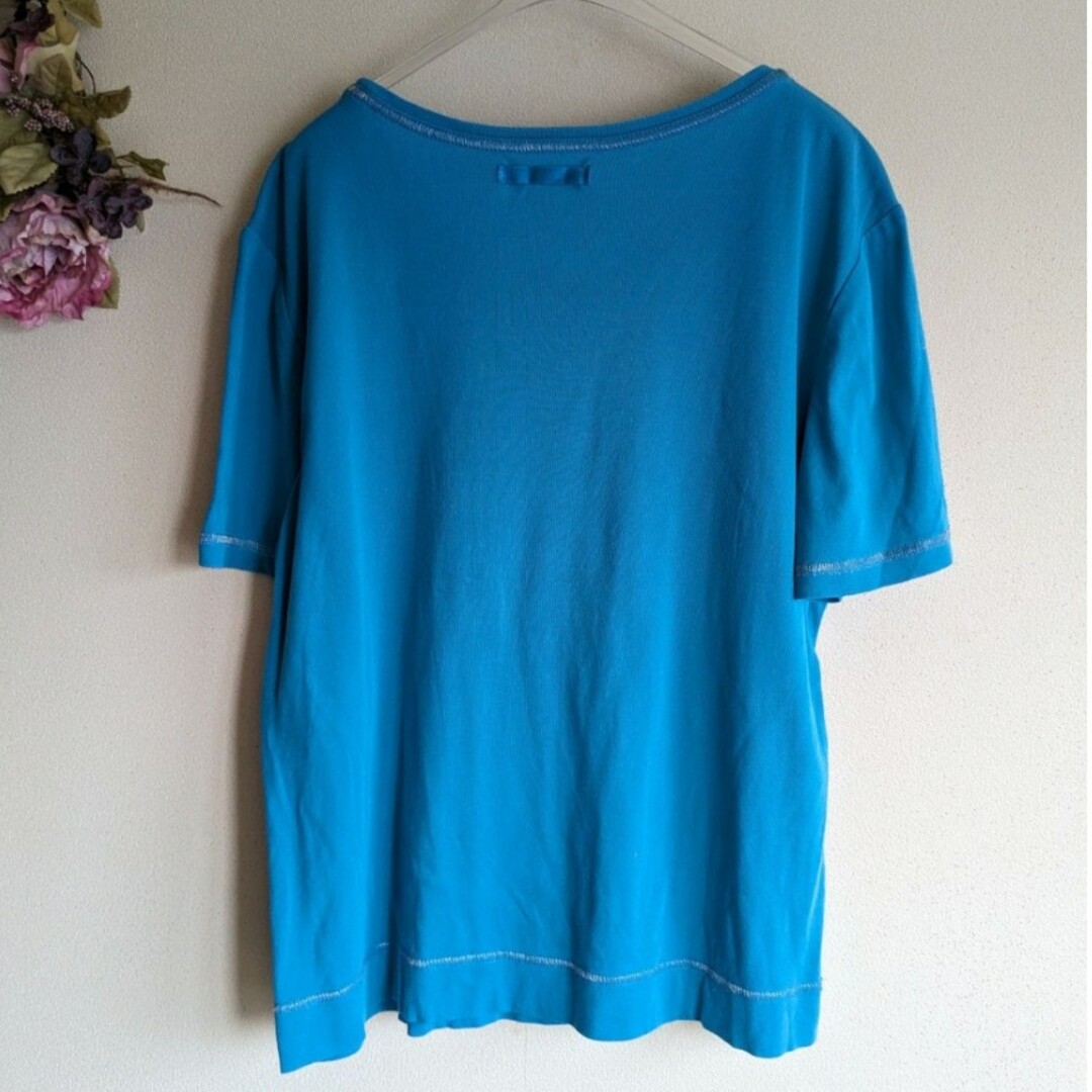 leilian(レリアン)のレリアン　パールビーズアップリケ　半袖Tシャツ　ブルー　マダムミセス婦人服 レディースのトップス(Tシャツ(半袖/袖なし))の商品写真
