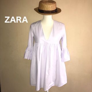 ザラ(ZARA)の【モロッコ製ZARA】ベルスリーブ Vネック ミニワンピース　ラベンダー　S(ミニワンピース)