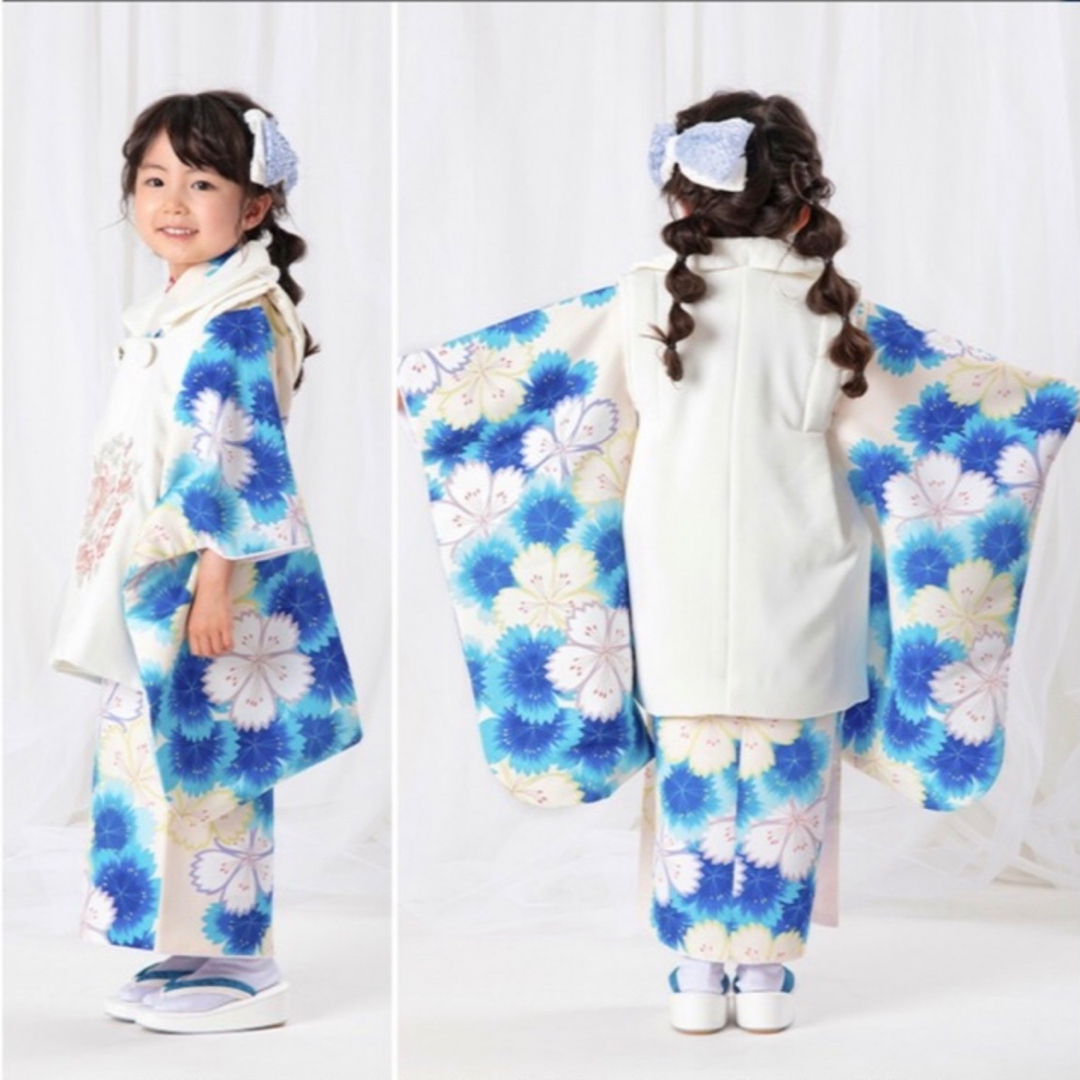 キッズ服女の子用(90cm~)生成り地に青色なでしこ 着物 3歳