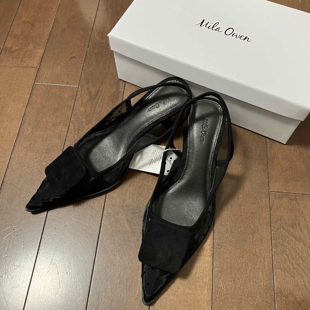 新品 ミラオーウェン スクエアモチーフチュールパンプス 24.5 38 ブラック
