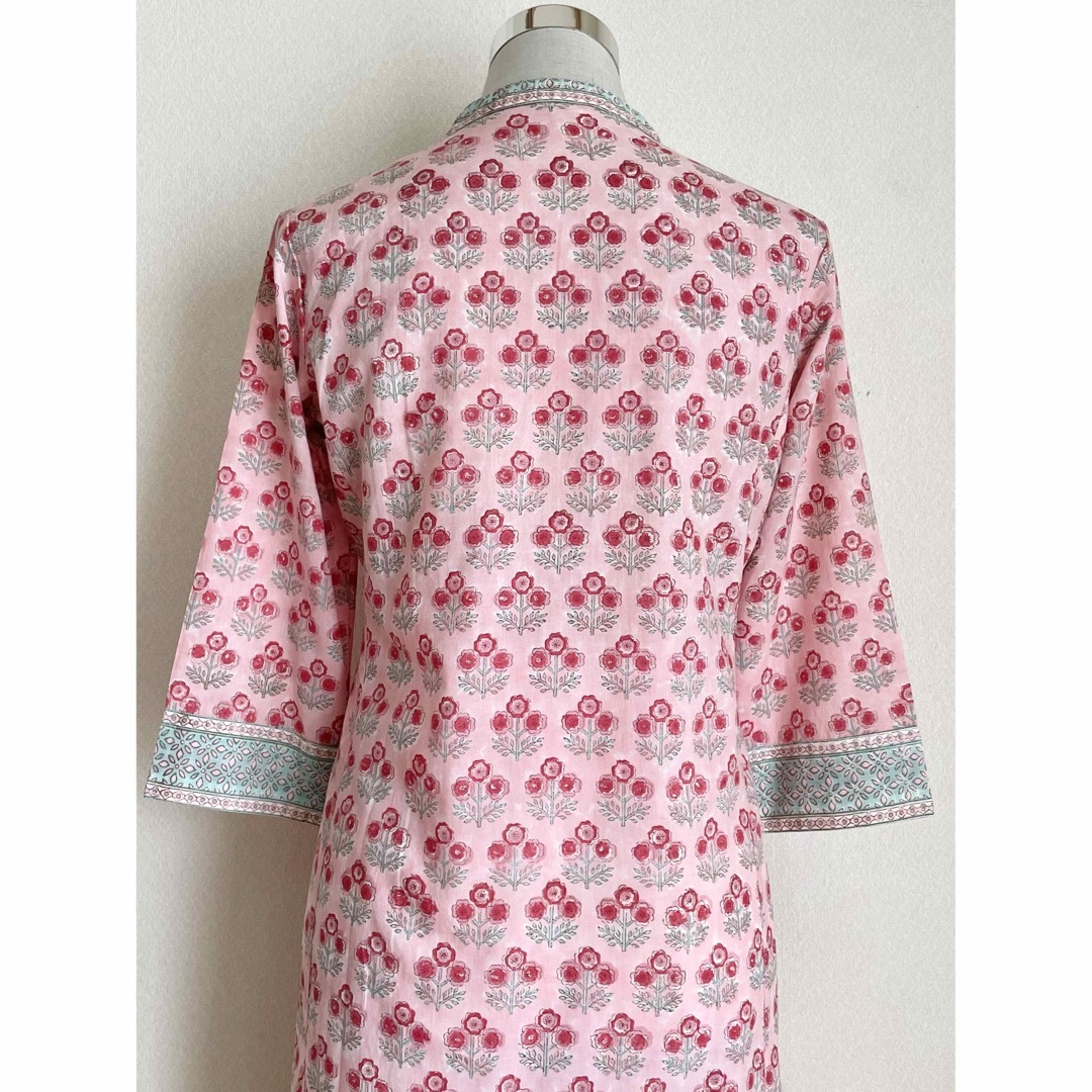 ブロックプリント　クルタ　サンガネール　ピンクフラワー　インド民族衣装