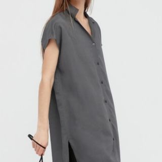 ユニクロ(UNIQLO)の美品 ユニクロ リネンブレンドロングシャツ 麻混 チュニック(シャツ/ブラウス(半袖/袖なし))