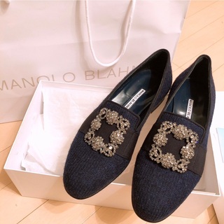 ▼▼MANOLO BLAHNIK マノロブラニク メンズ シューズ スリッポン ローファー カールトン デニム ビジューバックル サイズ8 ネイビー