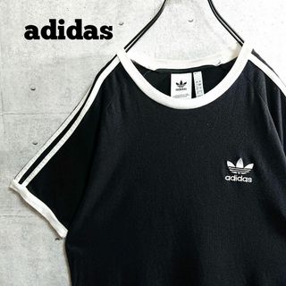 アディダス(adidas)の【adidas】大人気 トレフォイル 刺繍 リンガーネック Tシャツ 黒 L(Tシャツ/カットソー(半袖/袖なし))