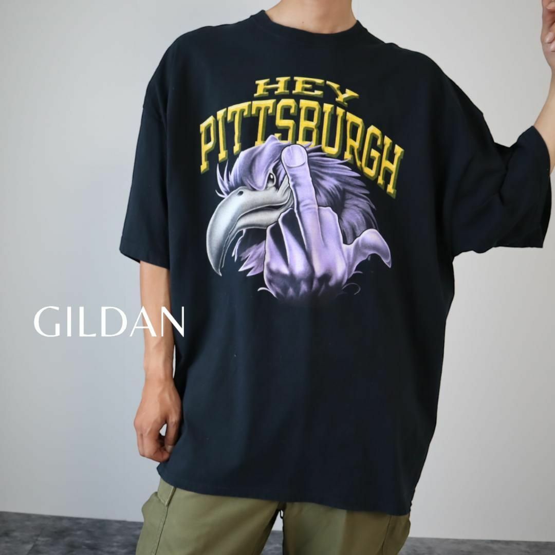 【GILDAN】HEY PITTSBURGH プリント ルーズ 黒Tシャツ 4L