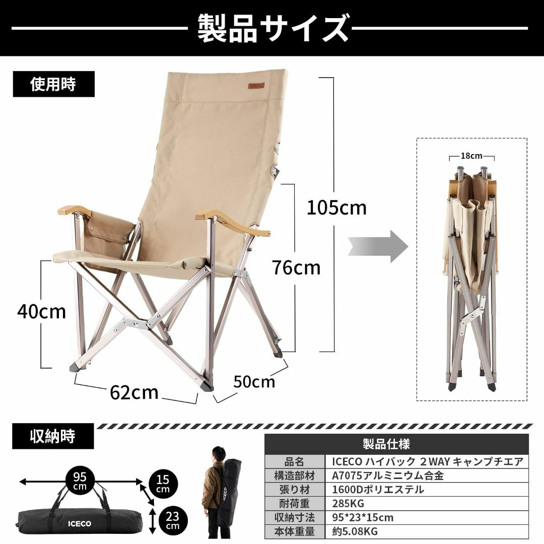 ICECO アウトドアチェア 耐荷重285KG・1600D座面・A7075アルミ