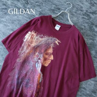 ギルタン(GILDAN)の【GILDAN】アート 絵画 横顔 プリント ルーズ Tシャツ ボルドー XL(Tシャツ/カットソー(半袖/袖なし))