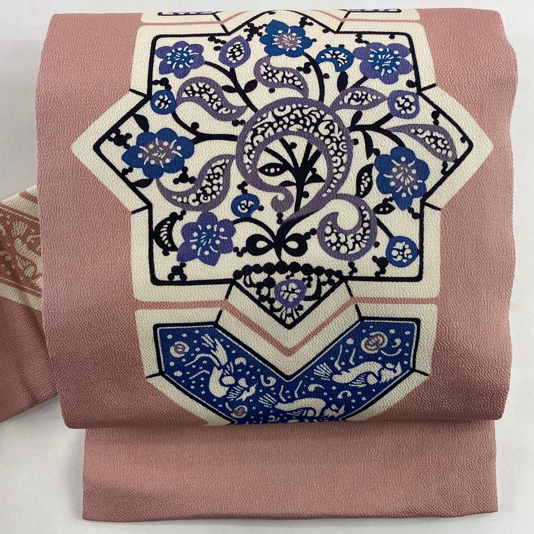 袋帯 未使用 正絹 カジュアル 仕立て上がり お太鼓柄 相良刺繍 花の図 白茶色 多色 金 きもの北條 A911-12