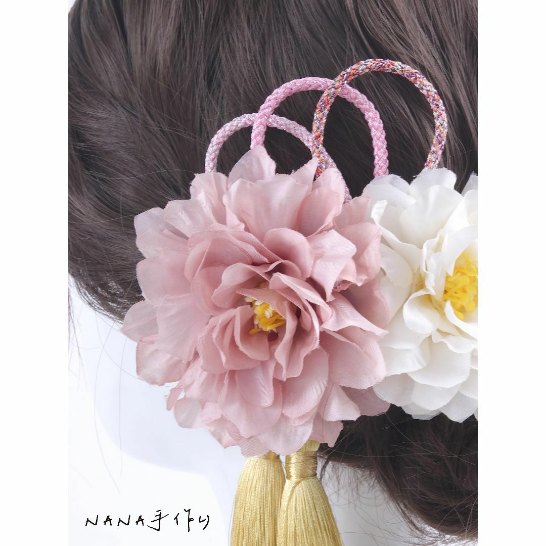 【色: ピンク】[NANA手作り] 髪飾り 紐アレンジ パール カスミソウ 金箔