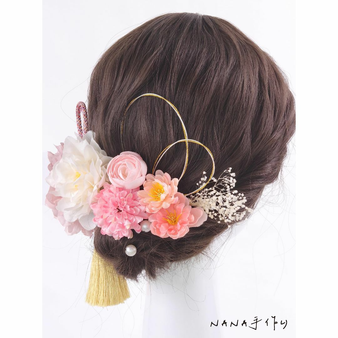【色: ピンク】[NANA手作り] 髪飾り 紐アレンジ パール カスミソウ 金箔