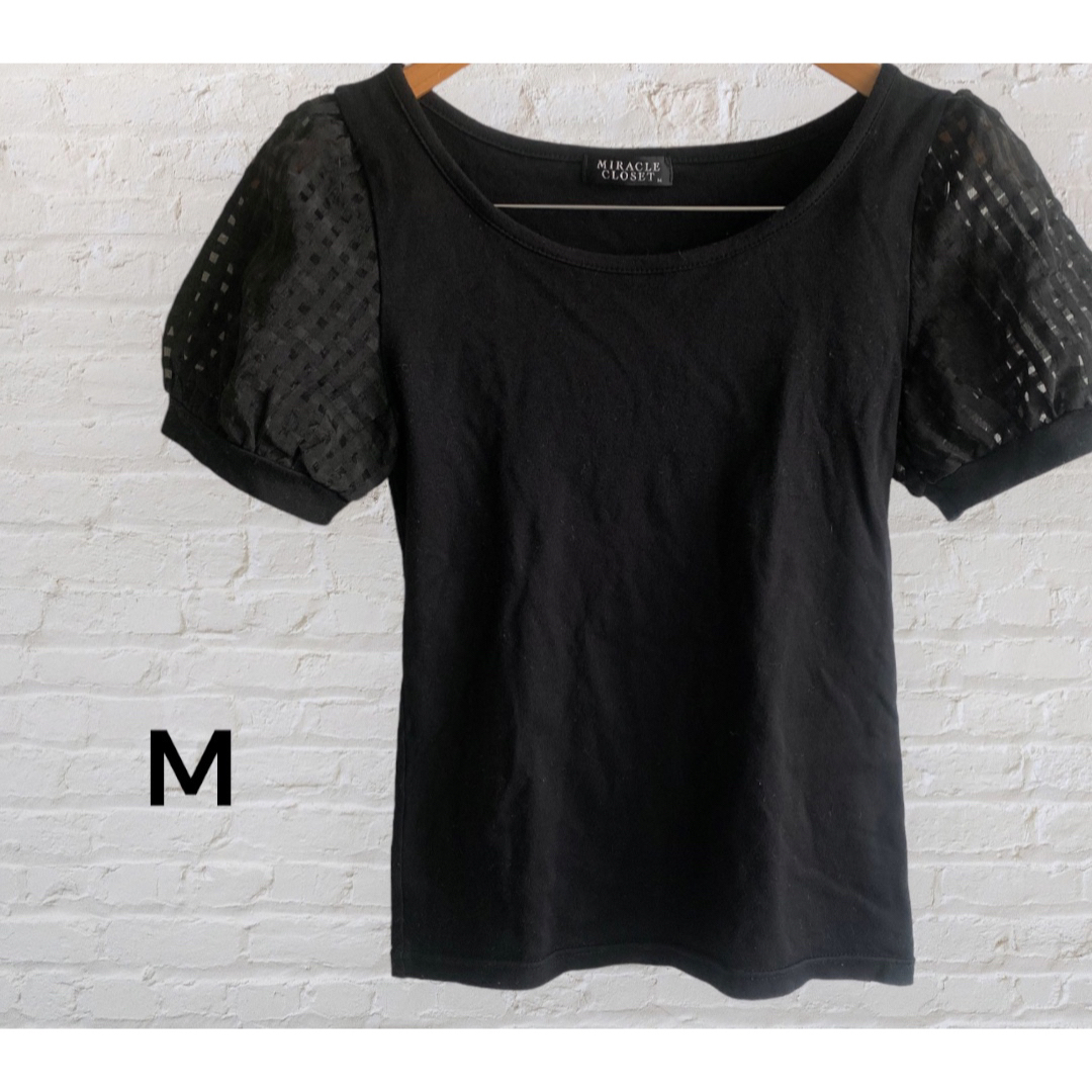 しまむら(シマムラ)の美品 チェック袖 黒 Tシャツ Msize レディースのトップス(Tシャツ(半袖/袖なし))の商品写真