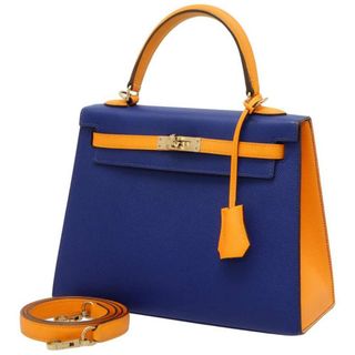 エルメス(Hermes)のエルメス ケリー25 外縫い ブルーエレクトリック/ジョーヌアンブル/シャンパンゴールド金具 ヴォーエプソン A刻印 SPO(ハンドバッグ)