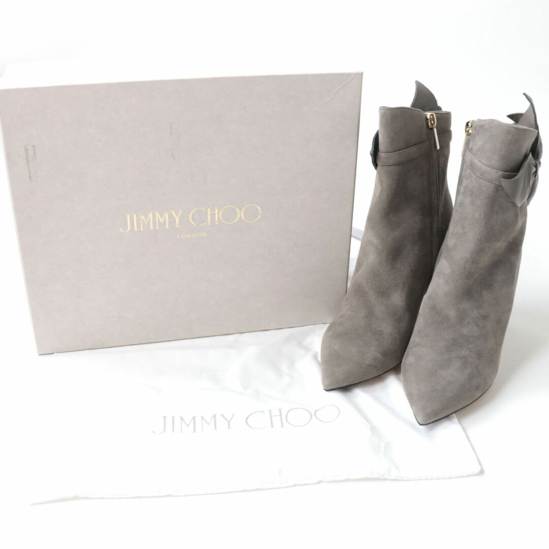 JIMMY CHOO(ジミーチュウ)の未使用品☆JIMMY CHOO ジミーチュウ リボンモチーフ付き サイドZIP スウェードレザー ショートブーツ グレー 37 イタリア製 箱・保存袋き レディースの靴/シューズ(ブーツ)の商品写真