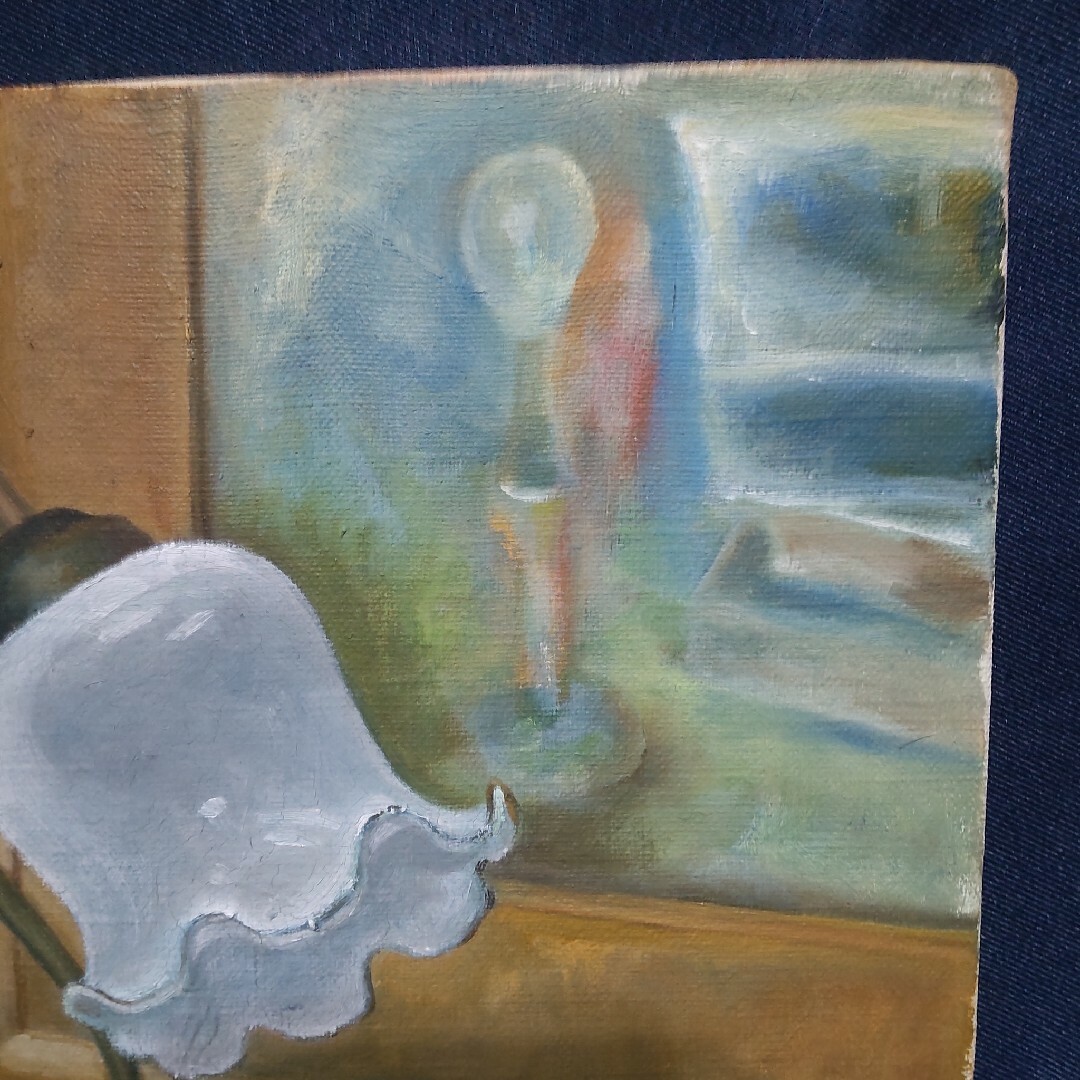307 絵画 油彩 油絵 静物画 ランプ 電灯 額装 額縁付き-