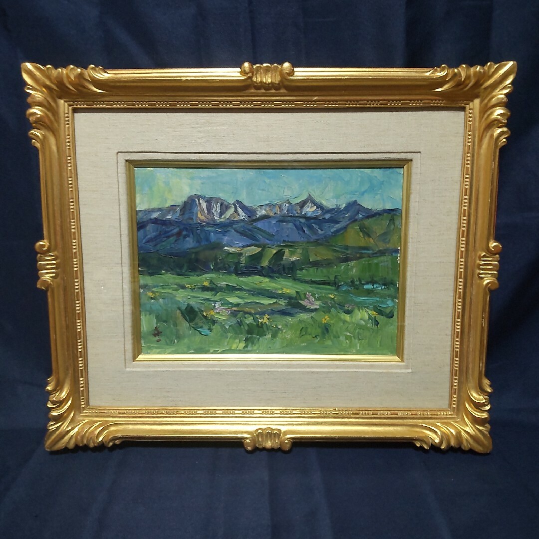 309 絵画 油彩 油絵 風景画 霧ヶ峰風景 額装 額縁付き-