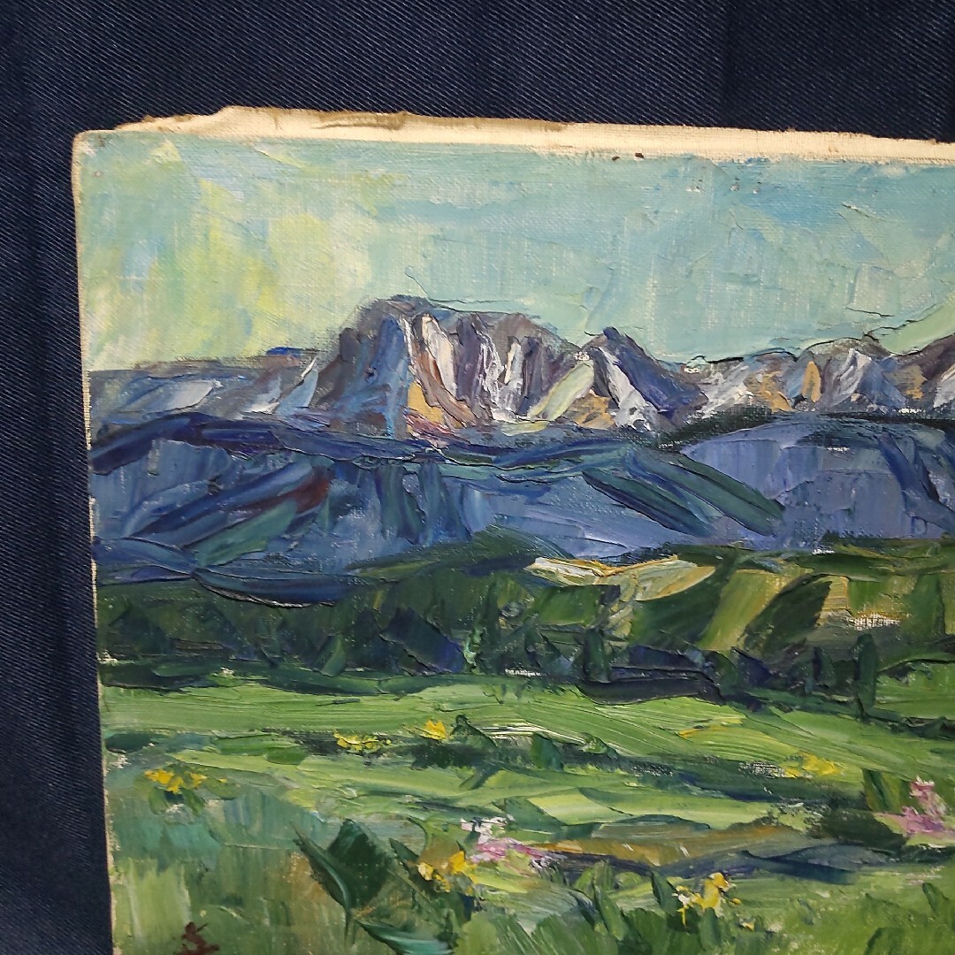 309 絵画 油彩 油絵 風景画 霧ヶ峰風景 額装 額縁付き-