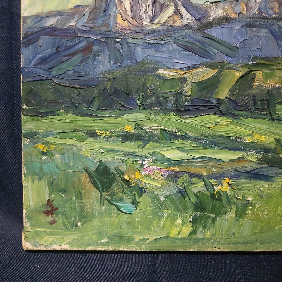 309 絵画 油彩 油絵 風景画 霧ヶ峰風景 額装 額縁付き-