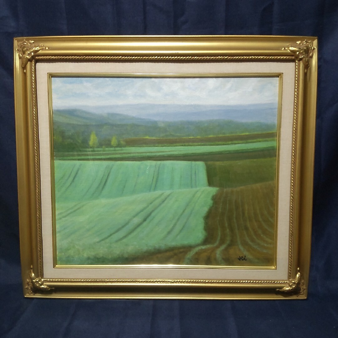 新しい 311 絵画 油彩 油絵 風景画 広井 作 連なる大田の丘(北海道) 額縁付き 絵画+タペストリー