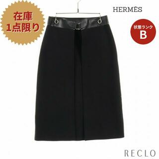 エルメス(Hermes)の スカート ボックスプリーツ ウール レザー ブラック(ひざ丈スカート)