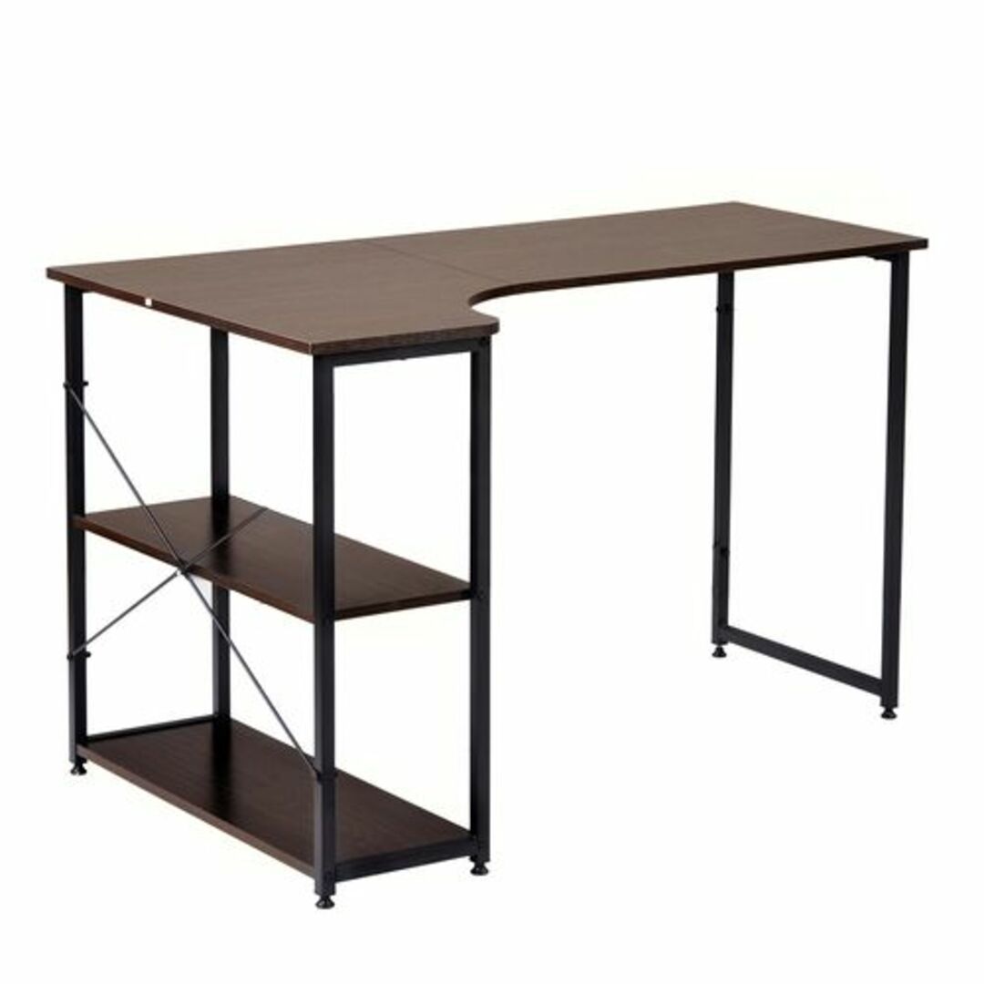 ブラウン】パソコンデスク L字 120cm 2段ラック付 デスク木製