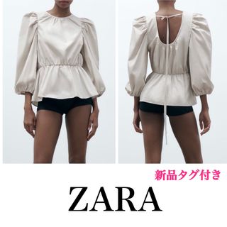 ザラ(ZARA)のZARA パフスリーブトップス M バッグリボンタイ　コットン　ペプラムヘム(シャツ/ブラウス(長袖/七分))