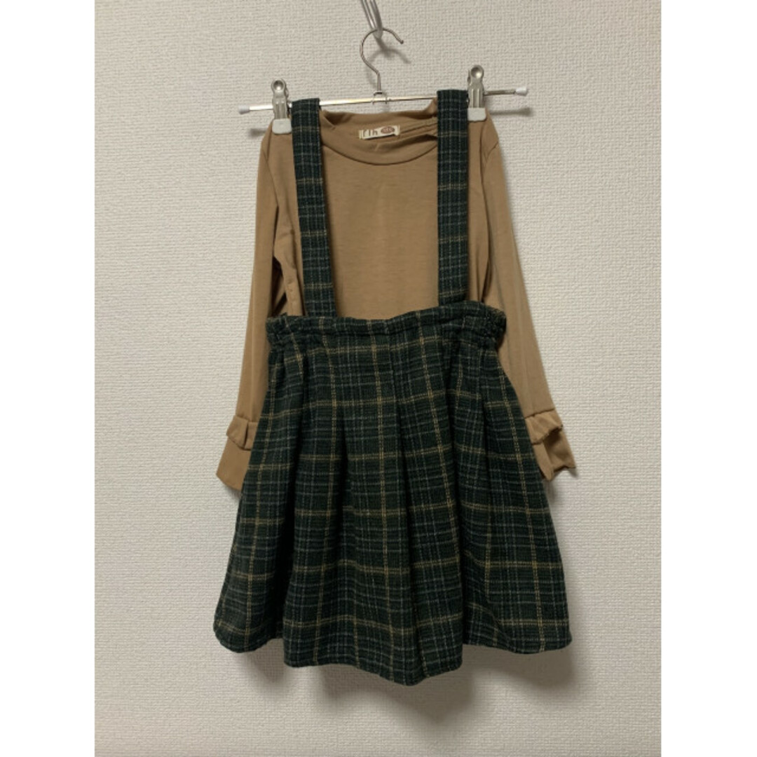 キッズ 女子 120 バックリボン チェック ワンピース 緑 ベージュ セット キッズ/ベビー/マタニティのキッズ服女の子用(90cm~)(ワンピース)の商品写真