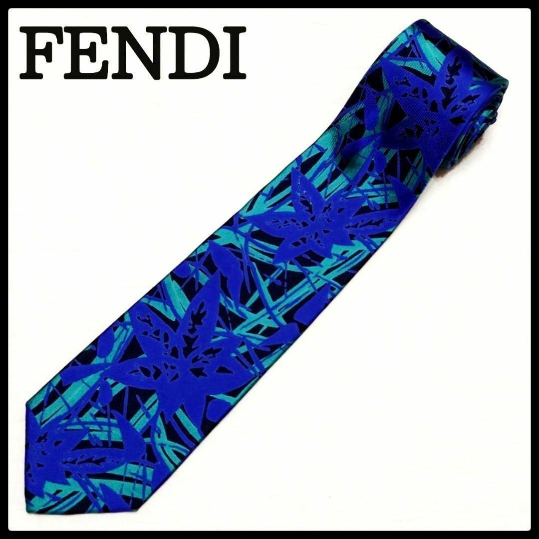極美品 フェンディ FENDI ネクタイ 総柄 ネイビー 高級 シルク100%