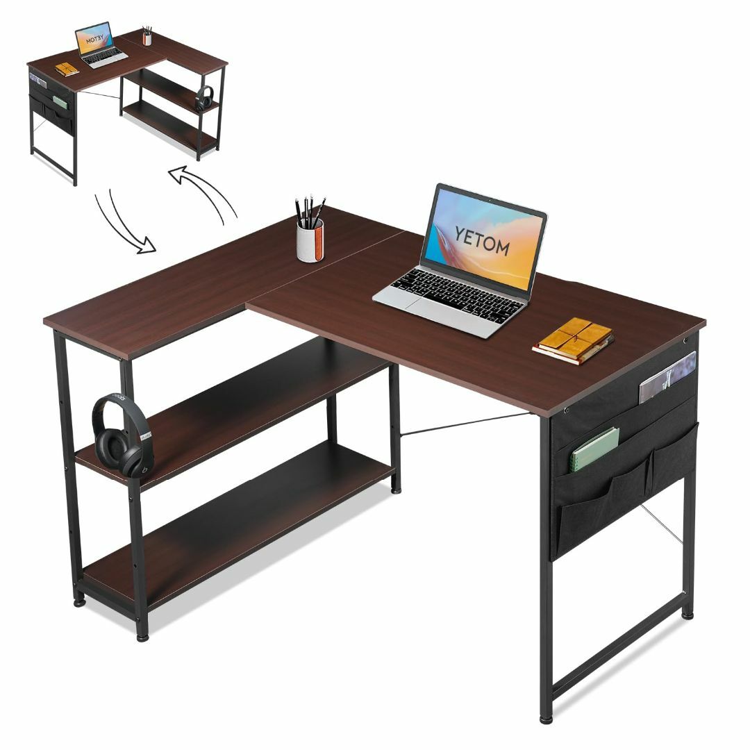 YeTom デスク 机 pcデスク l字 右棚左棚 幅107cm desk コー