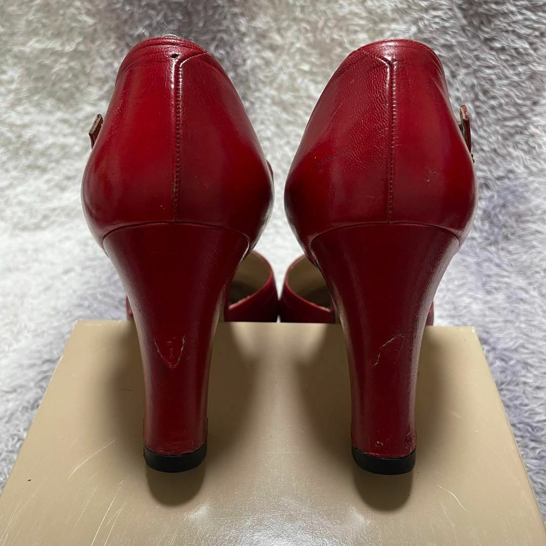 s127g 個性的ストラップデザイン ヒール ヴィンテージパンプス 赤 太ヒール レディースの靴/シューズ(ハイヒール/パンプス)の商品写真