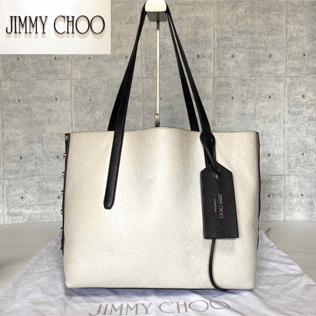 【JIMMY CHOO】TWIST BLACK×WHITE ロゴ型 トートバッグ