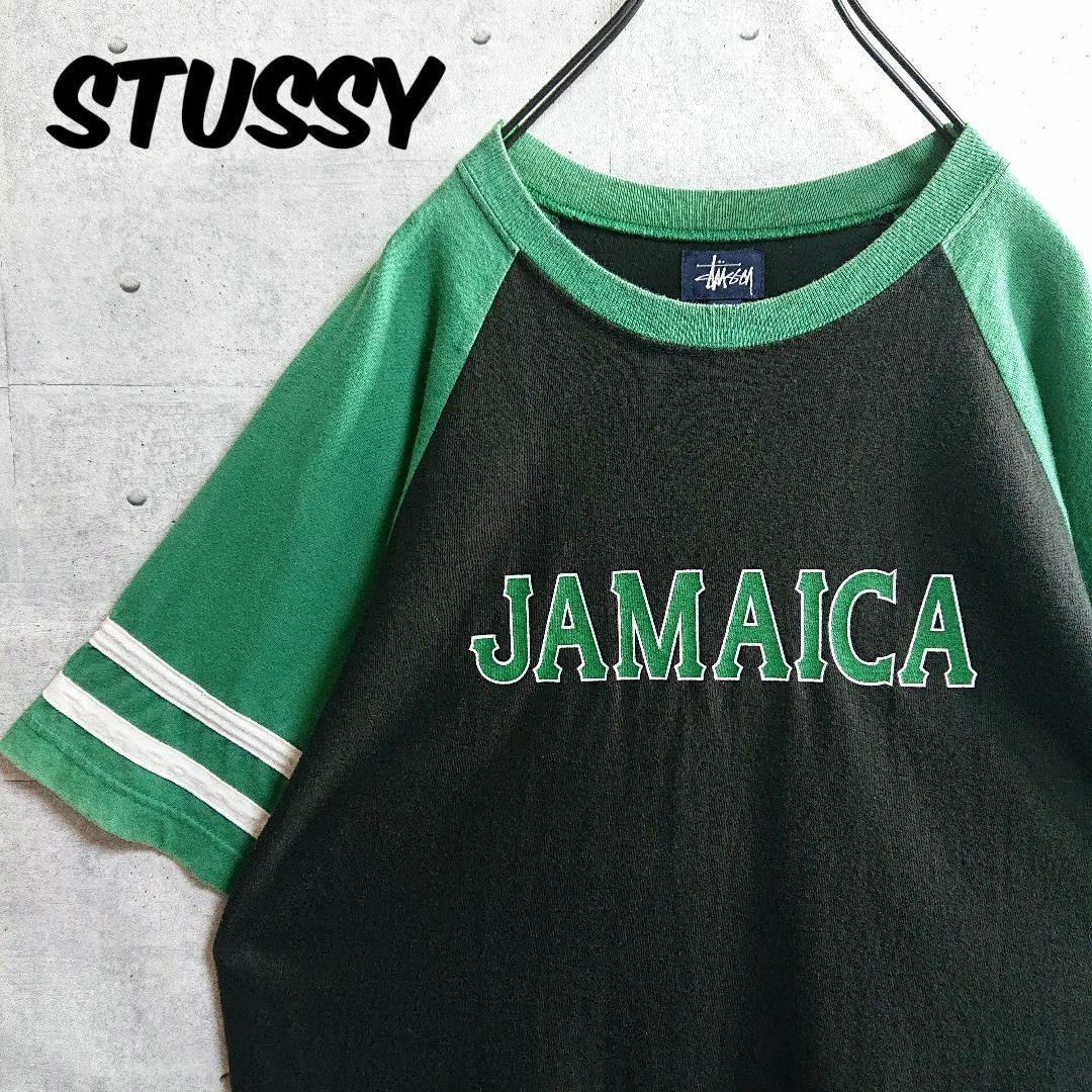 STUSSY(ステューシー)の【オールドステューシー】90s 紺タグ USA製 ラグラン Tシャツ 黒×緑 M メンズのトップス(Tシャツ/カットソー(半袖/袖なし))の商品写真