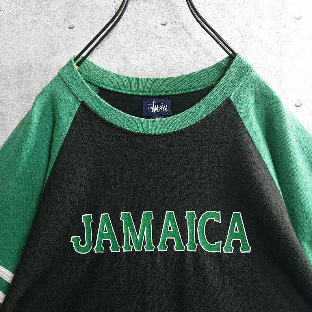 STUSSY(ステューシー)の【オールドステューシー】90s 紺タグ USA製 ラグラン Tシャツ 黒×緑 M メンズのトップス(Tシャツ/カットソー(半袖/袖なし))の商品写真