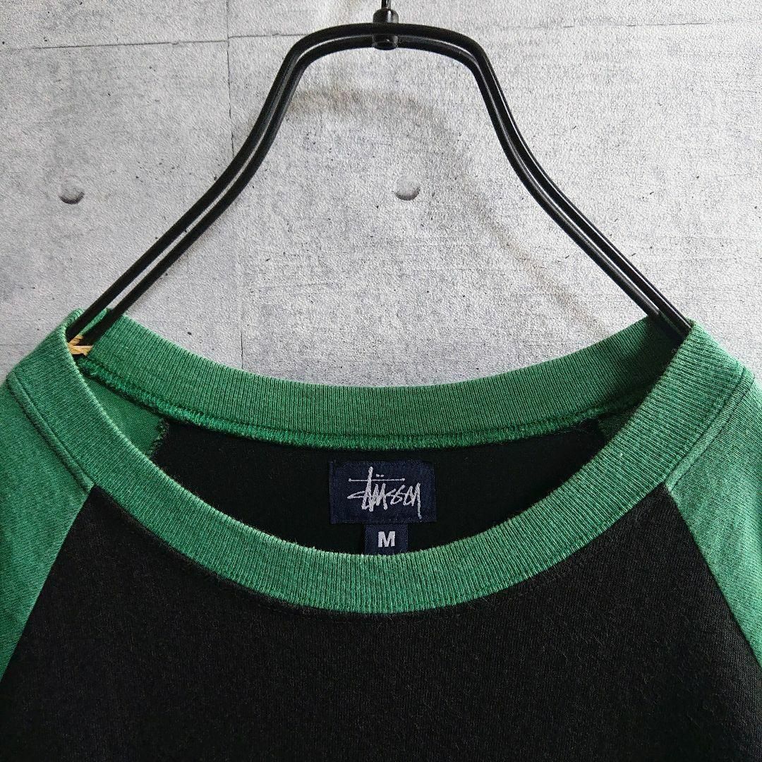 【オールドステューシー】90s 紺タグ USA製 ラグラン Tシャツ 黒×緑 M