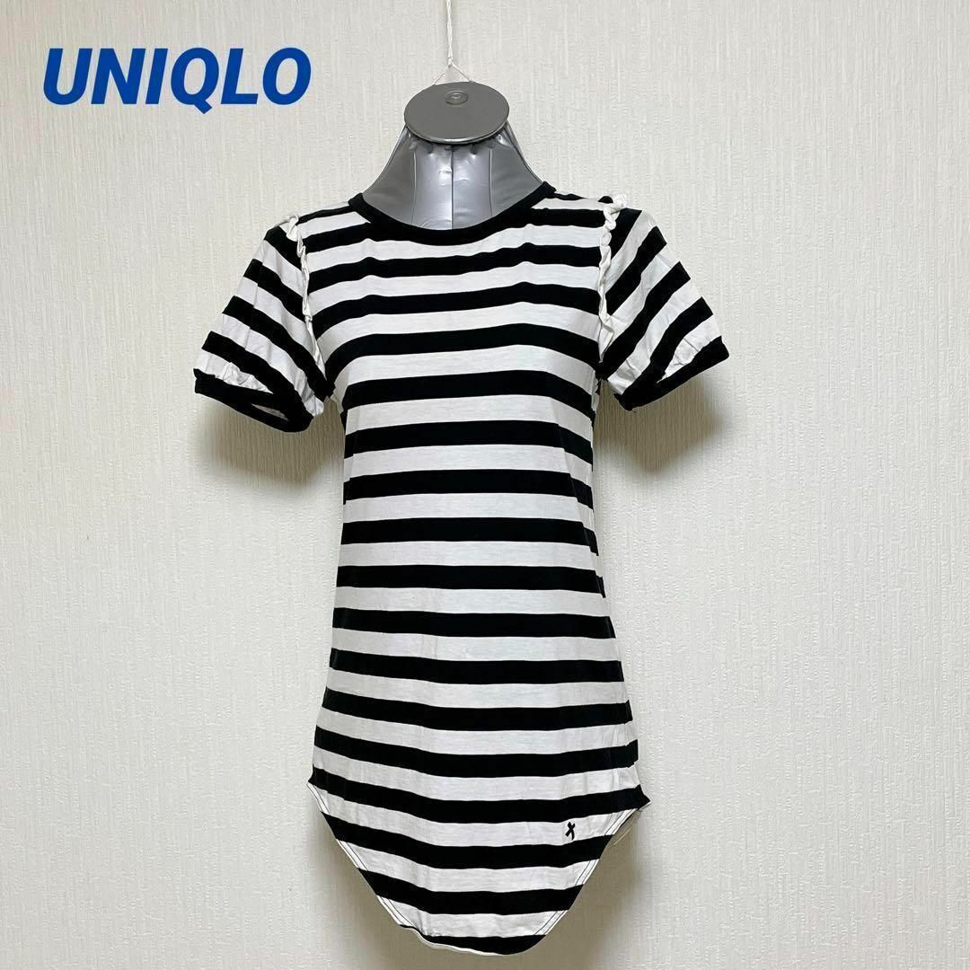 UNIQLO(ユニクロ)のUNIQLO 白黒ボーダー柄 ロングTシャツ レディースのトップス(Tシャツ(半袖/袖なし))の商品写真