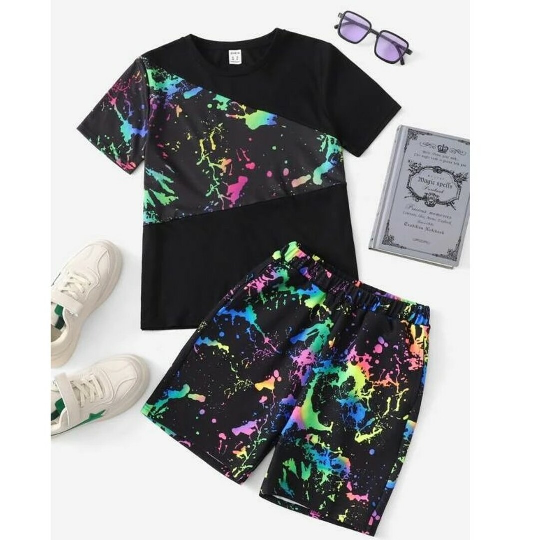 H&M - 【新品未使用】150㎝ ペンキ柄 ネオン 反射Tシャツ+パンツ2点