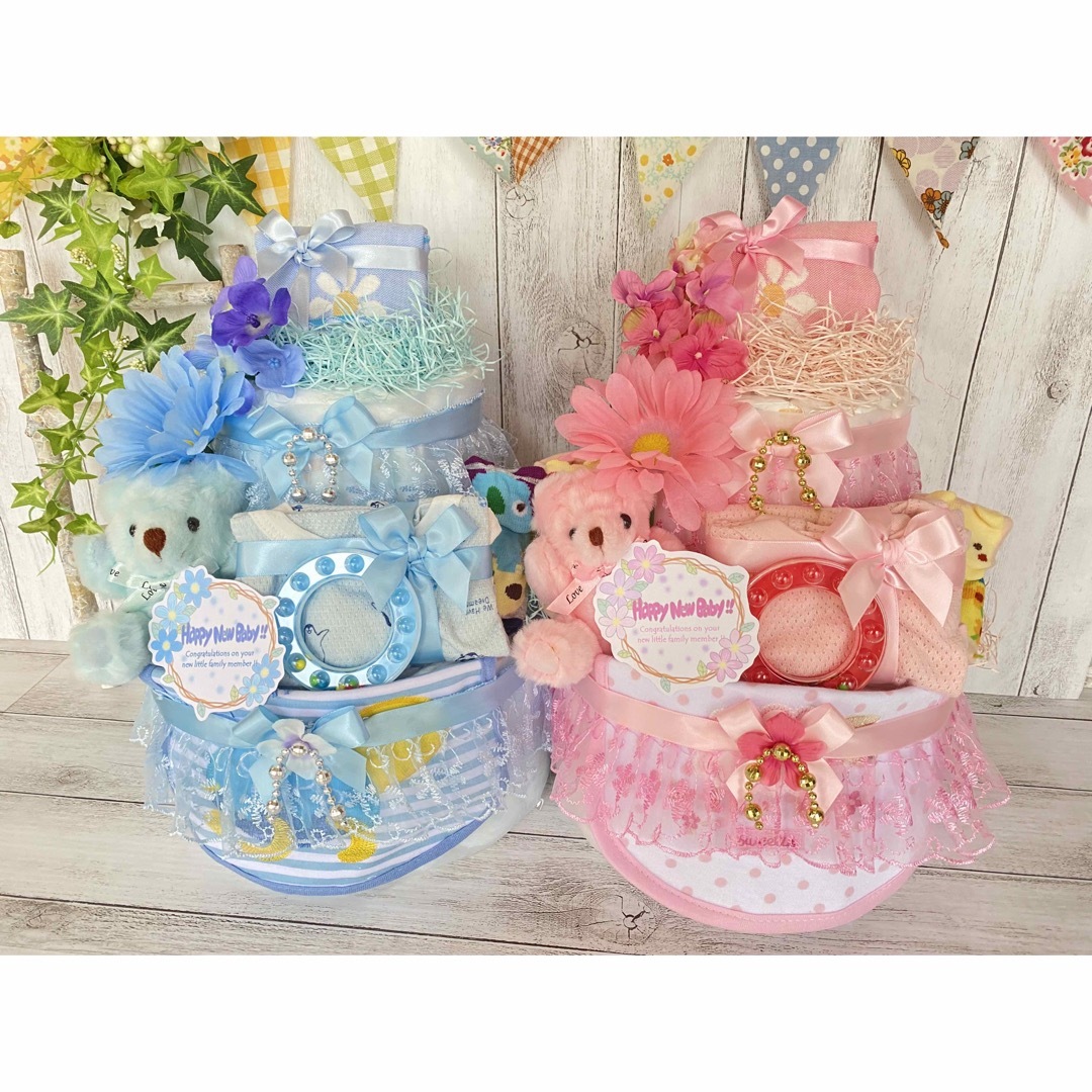 おむつケーキ・2段・男の子・ミントグリーン ハンドメイドのキッズ/ベビー(その他)の商品写真