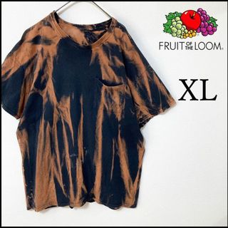 フルーツオブザルーム(FRUIT OF THE LOOM)のメンズタイダイ柄ブリーチ半袖TシャツXL 古着屋　リメイク 黒　オレンジ　一点物(Tシャツ/カットソー(半袖/袖なし))