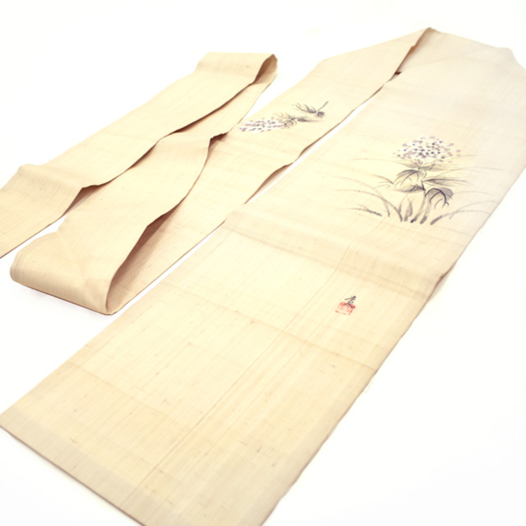 すごい値!夏物 名古屋帯 九寸 作家物 手描き 正絹 アイボリー すごい値!夏物 名古屋帯 九寸 作家物 手描き 正絹 アイボリー