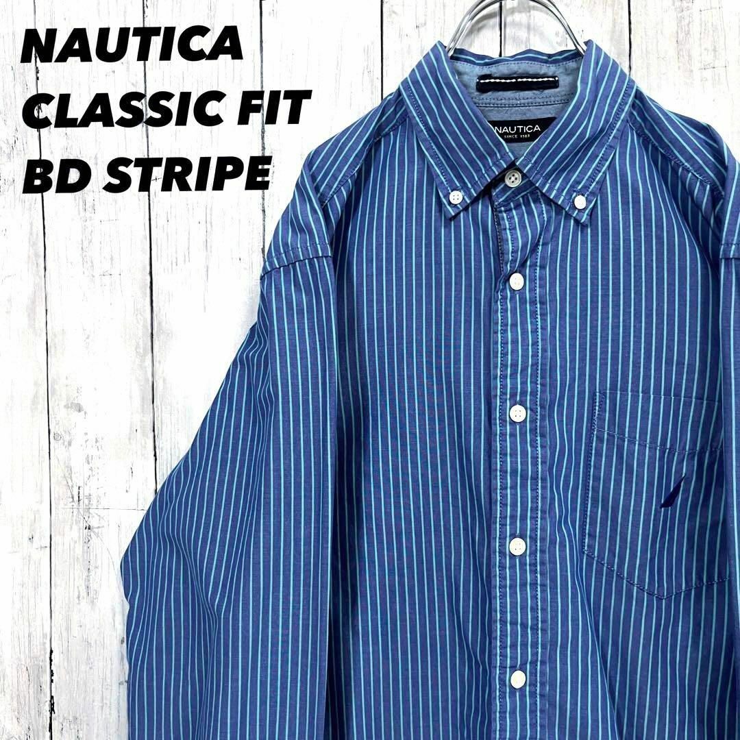 NAUTICA(ノーティカ)のアメリカ古着NAUTICAノーティカ　長袖刺繍ロゴブロードストライプ柄BDシャツ メンズのトップス(シャツ)の商品写真