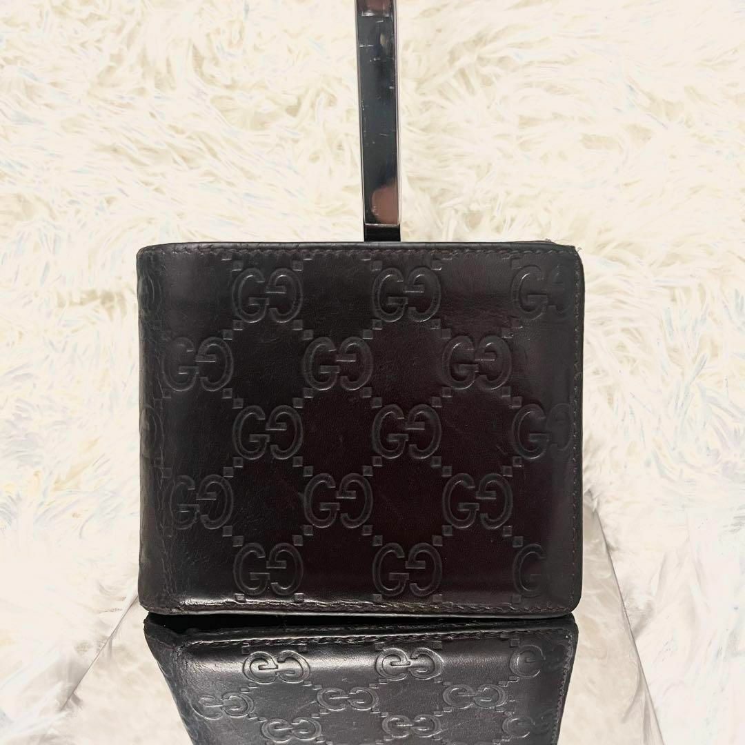 【美品】グッチ シマレザー 折財布 2つ折り 小銭入れ GG ダークブラウン