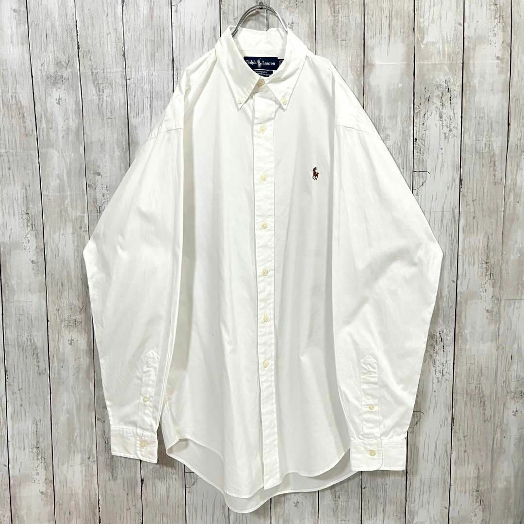 【人気】90sヴィンテージ　ラルフローレンカラーポロ刺繍長袖BDシャツ　白M 1