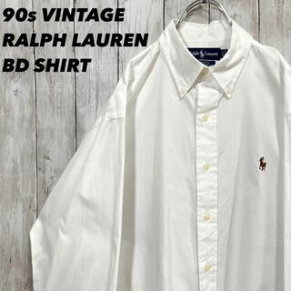 【人気】90sヴィンテージ　ラルフローレンカラーポロ刺繍長袖BDシャツ　白M