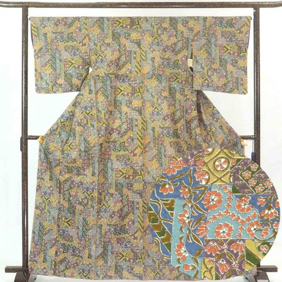 小紋 身丈167cm 裄67cm 前幅24.5cm 後幅30cm 袖丈49cm 正絹(シルク) レディース 袷仕立 秋冬春用 ピンク地 裄Lサイズ トールサイズ 美品 リサイクル リユース