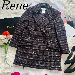 ルネ(René)の【美品】Rene ツイードロングジャケット TISSUE 38 パープル(ロングコート)