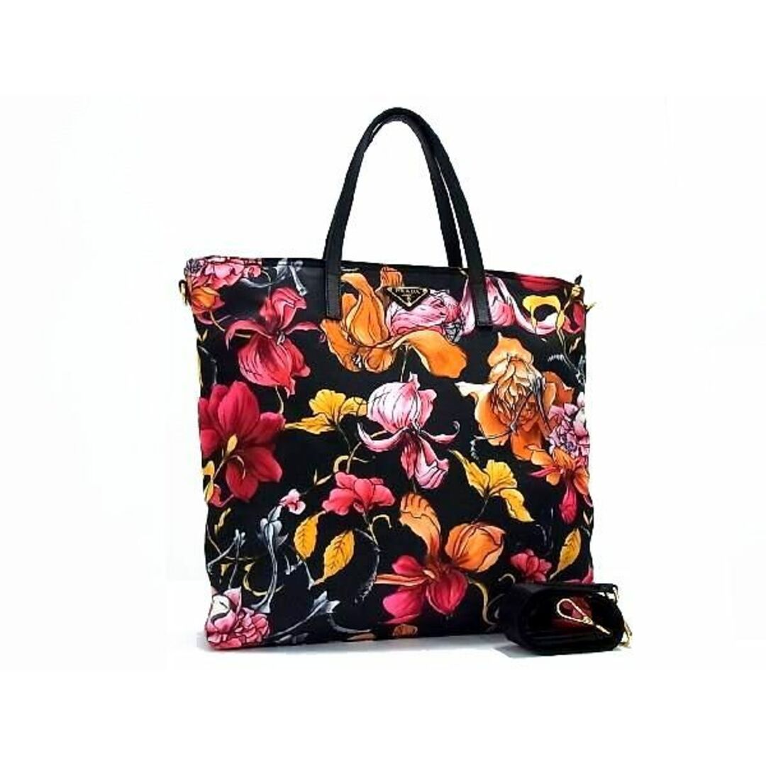 ■極美品■ PRADA プラダ テスートナイロン 花柄 フラワー 2WAY ハンドバッグ ショルダー 斜め掛け ブラック系×マルチカラー AG6517ｱZブラック系×マルチカラー素材