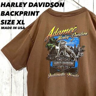 ハーレーダビッドソン(Harley Davidson)の【人気】ハーレーダビットソン　ポケット付きバックプリントTシャツ　XL ブラウン(Tシャツ/カットソー(半袖/袖なし))