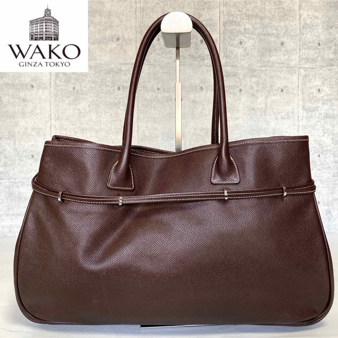 極美品】WAKO 銀座和光 ブラウン レザー シルバー金具 肩掛けトートバッグ-