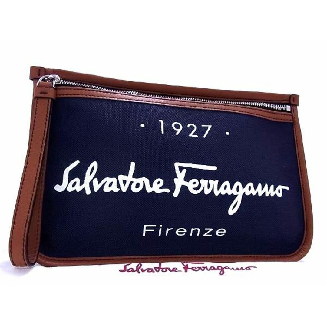 ■新品■未使用■ SalvatoreFerragamo フェラガモ GG-24 0971 サインロゴポーチ キャンバス クラッチ セカンドバッグ ネイビー系 AM6190