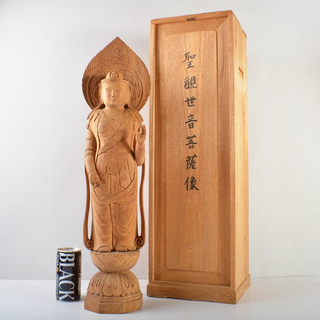仏教美術　米林菊彫人作　木彫　聖観世音菩薩像　仏像　共箱　V　R6142B | フリマアプリ ラクマ