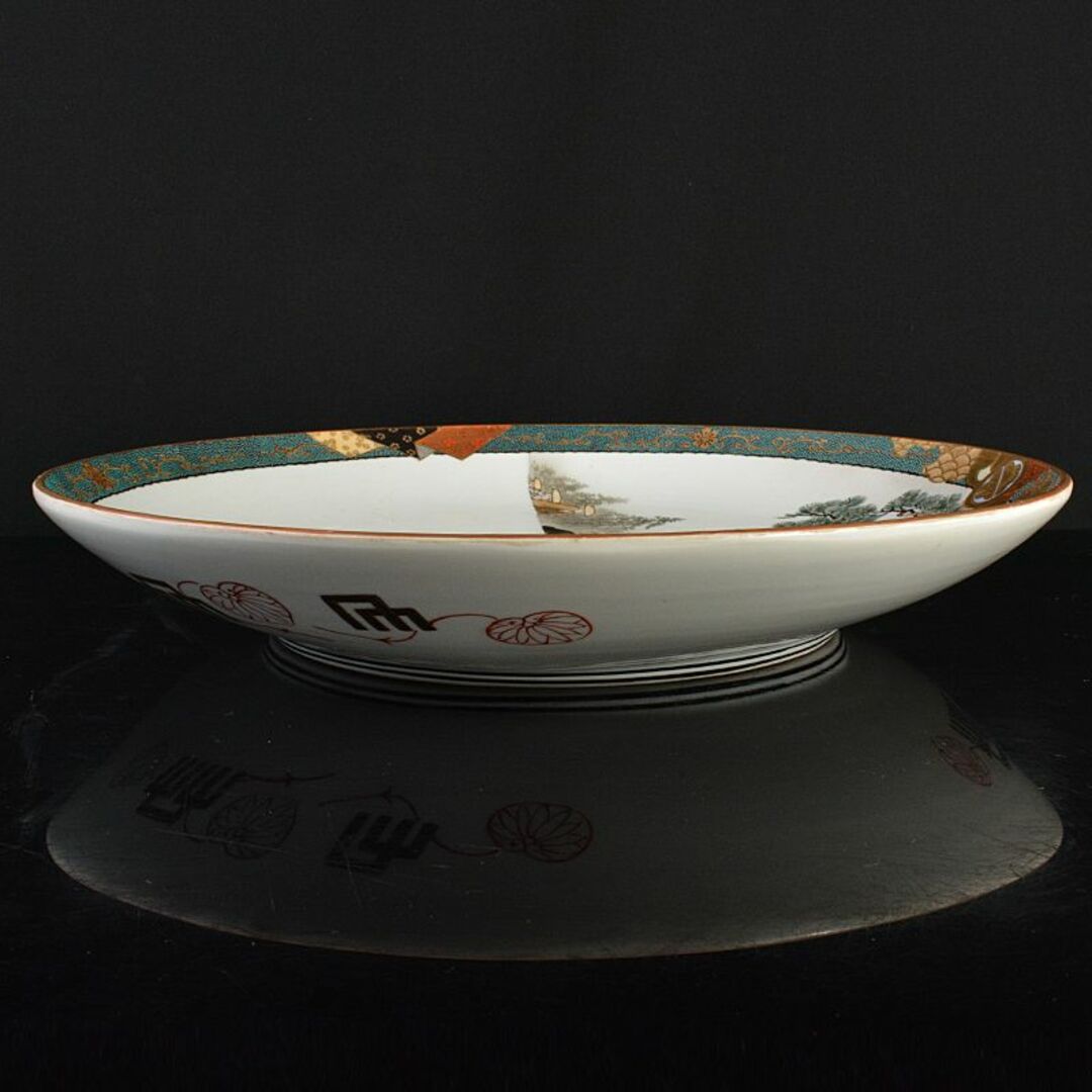 九谷焼 古九谷 青粒色絵金彩 山水人物文 大皿 直径約40cm M 九谷焼 古九谷 青粒色絵金彩 山水人物文 大皿 直径約40cm M